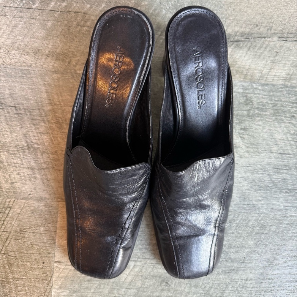 Vtg Clog Mules Womens 8 Black Leather Slip-On Heeled Sq Toe Block Heel Shoe - Picture 6 of 11